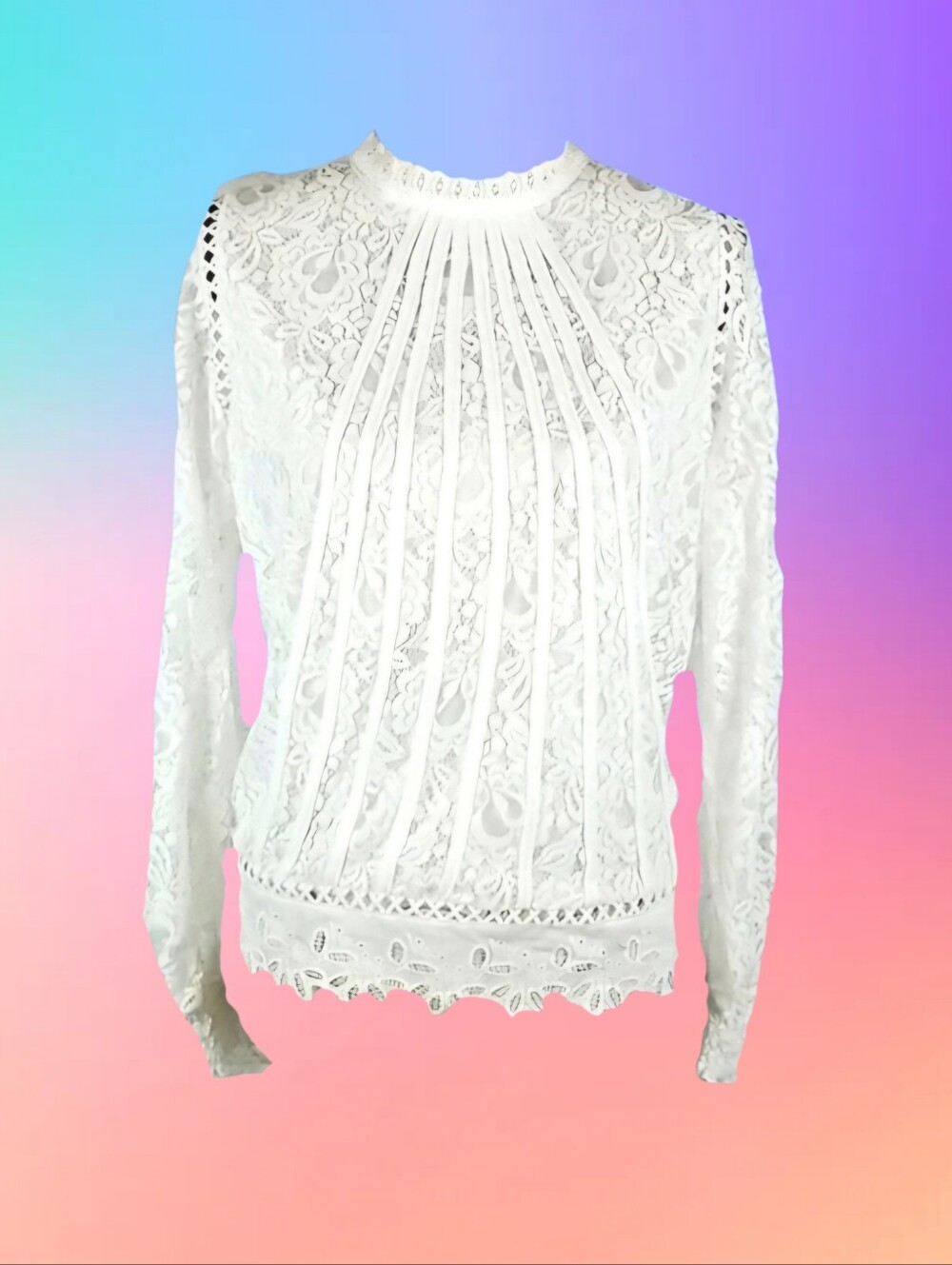 NEW White Lace Long Sleeve Blouse High Neck Elegant Preppy Minimalist Top, M